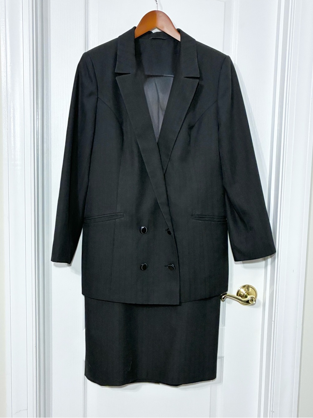 VTG 90s Navy Textured Woven Double Breasted Skirt Suit Set Size 14